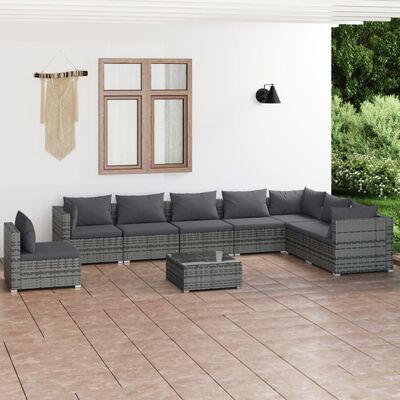 vidaXL Salon de jardin 9 pcs avec coussins Résine tressée Gris