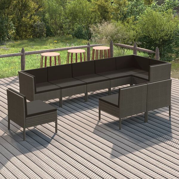 vidaXL Salon de jardin 9 pcs avec coussins R&eacute;sine tress&eacute;e Gris