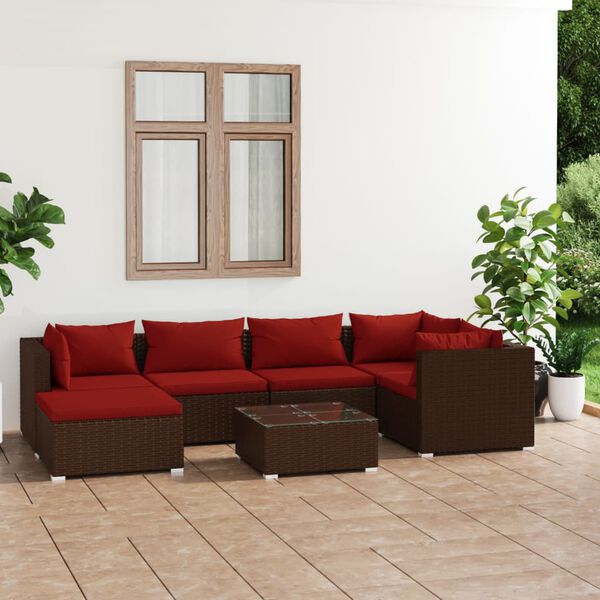 vidaXL Salon de jardin 7 pcs avec coussins R&eacute;sine tress&eacute;e Marron