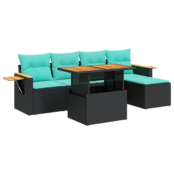 vidaXL Salon de jardin 6 pcs avec coussins noir r&eacute;sine tress&eacute;e acacia