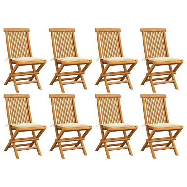 vidaXL Chaises de jardin et coussins cr&egrave;me lot de 8 Bois teck massif