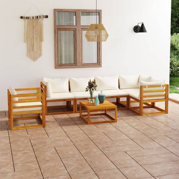 vidaXL Salon de jardin 7 pcs avec coussin Cr&egrave;me Bois d'acacia solide
