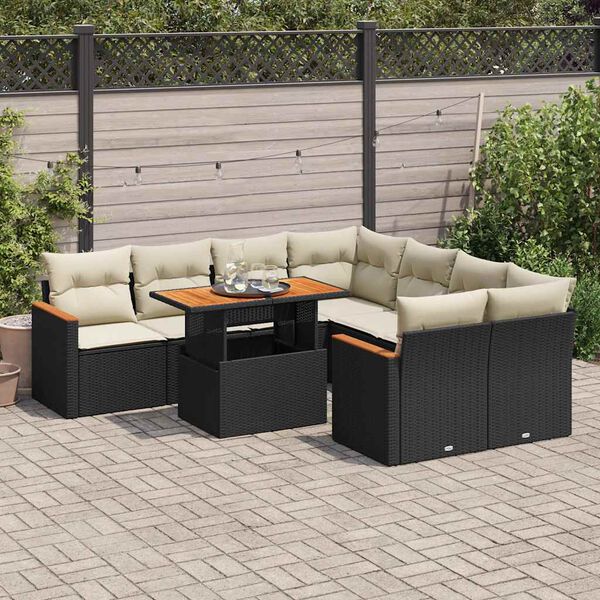 vidaXL Salon de jardin avec coussins 9 pcs noir r&eacute;sine tress&eacute;e acacia