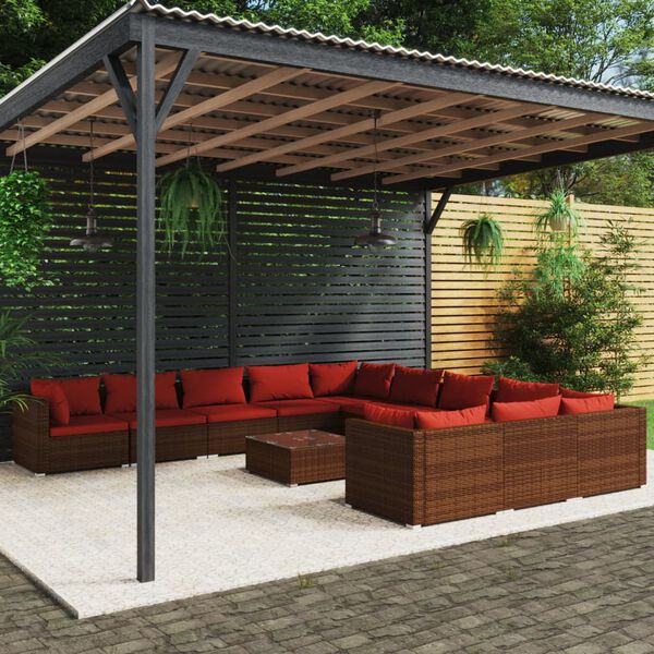 vidaXL Salon de jardin 12 pcs avec coussins R&eacute;sine tress&eacute;e Marron