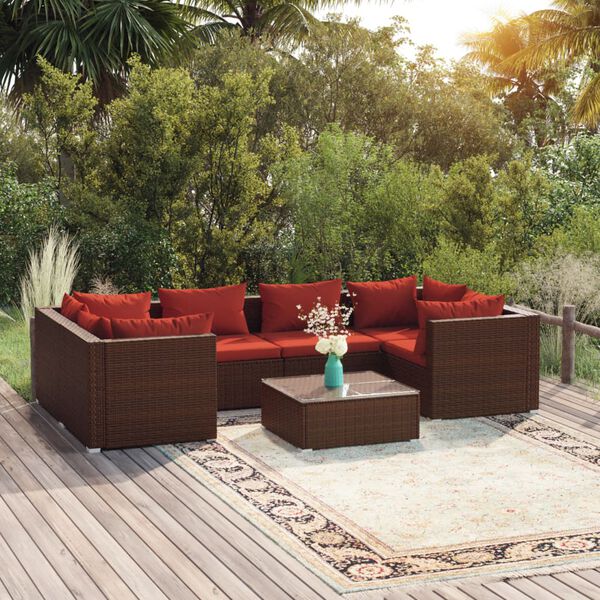 vidaXL Salon de jardin 7 pcs avec coussins Résine tressée Marron