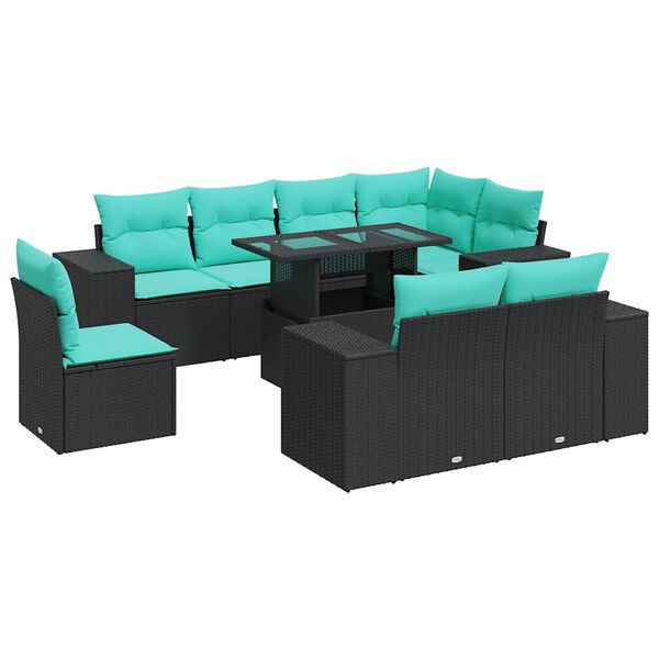 vidaXL Salon de jardin 9 pcs avec coussins noir r&eacute;sine tress&eacute;e acacia