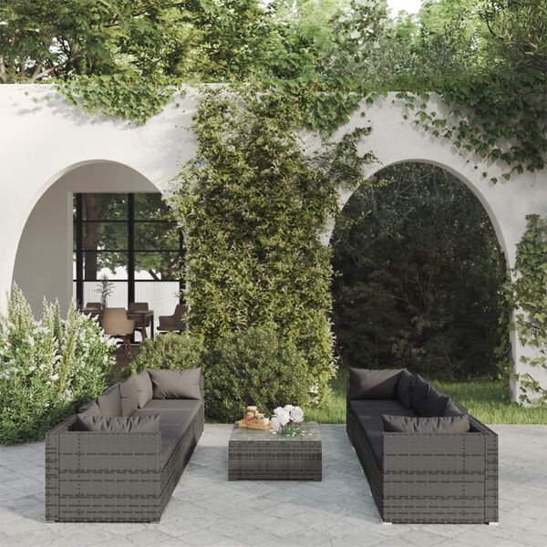vidaXL Salon de jardin 9 pcs avec coussins R&eacute;sine tress&eacute;e Gris