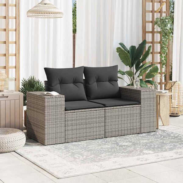 vidaXL Canap&eacute; de jardin 2 places avec coussins gris r&eacute;sine tress&eacute;e