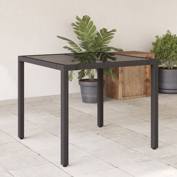 vidaXL Table de jardin dessus en verre Noir 90x90x75 cm R&eacute;sine tress&eacute;e