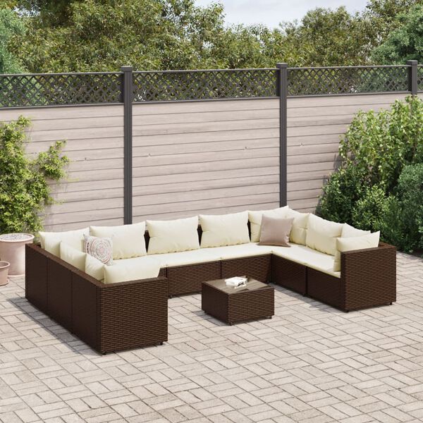 vidaXL Salon de jardin 10 pcs avec coussins marron r&eacute;sine tress&eacute;e
