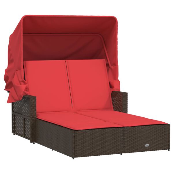 vidaXL Chaise longue double avec auvent et coussins marron poly rotin