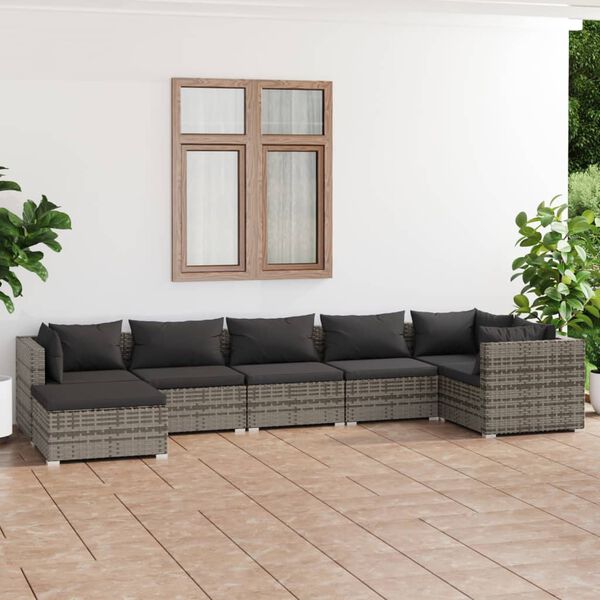 vidaXL Salon de jardin 7 pcs avec coussins R&eacute;sine tress&eacute;e Gris