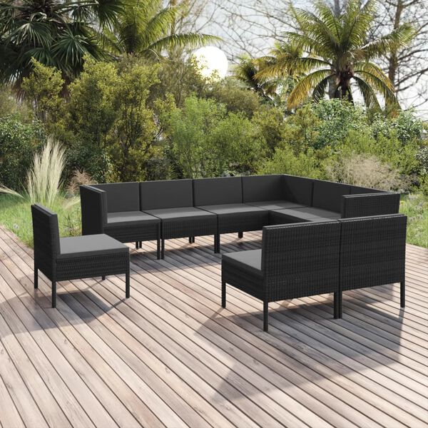 vidaXL Salon de jardin 9 pcs avec coussins R&eacute;sine tress&eacute;e Noir