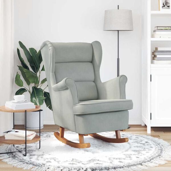 vidaXL Fauteuil &agrave; bascule &agrave; oreilles en velours gris clair bois massif