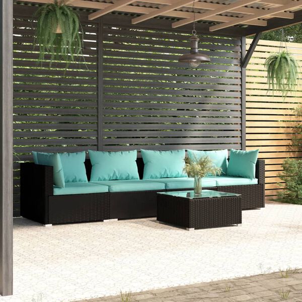 vidaXL Salon de jardin 5 pcs avec coussins r&eacute;sine tress&eacute;e noir