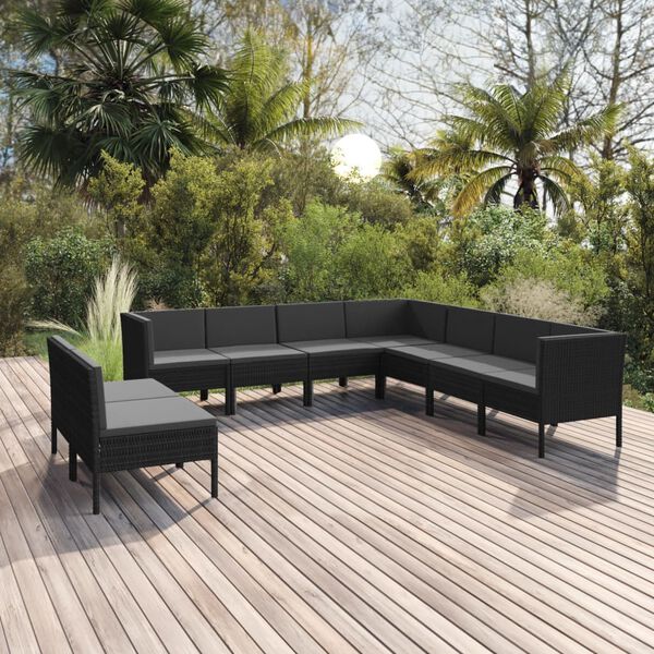 vidaXL Salon de jardin 9 pcs avec coussins R&eacute;sine tress&eacute;e Noir