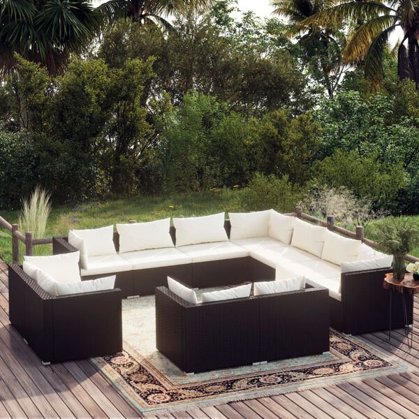 vidaXL Salon de jardin 11 pcs avec coussins Noir R&eacute;sine tress&eacute;e