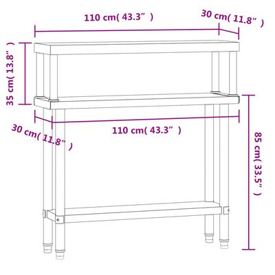 vidaXL Table de travail de cuisine avec étagère 110x30x120 cm inox