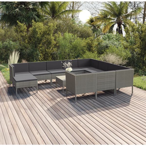 vidaXL Salon de jardin 12 pcs avec coussins R&eacute;sine tress&eacute;e Gris