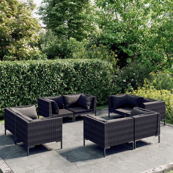 vidaXL Salon de jardin 8 pcs avec coussins R&eacute;sine tress&eacute;e Gris fonc&eacute;