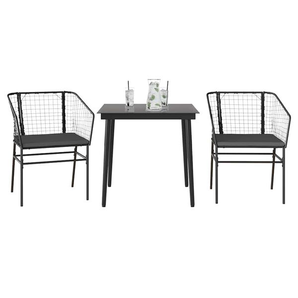 vidaXL Ensemble &agrave; manger de jardin et coussins 3 pcs noir rotin verre