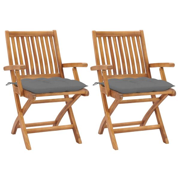 vidaXL Chaises de jardin lot de 2 et coussins gris Bois de teck massif