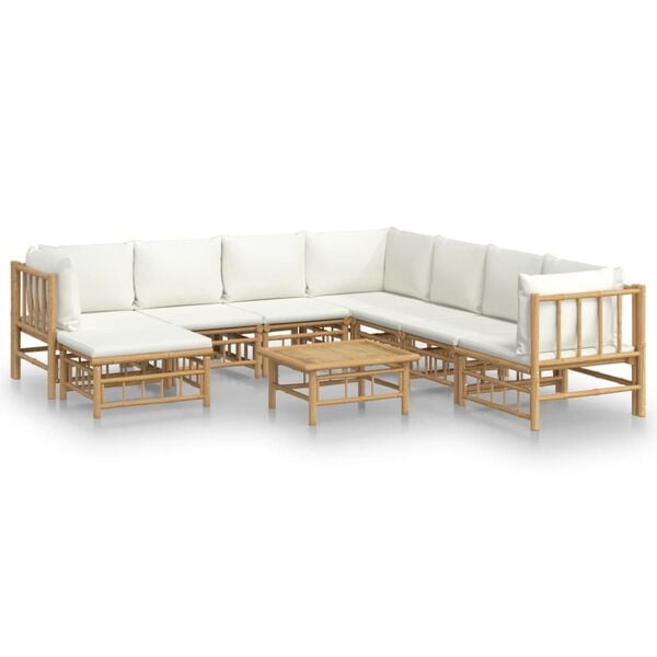vidaXL Salon de jardin 9 pcs avec coussins blanc crème bambou