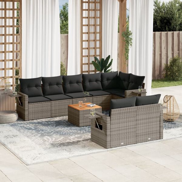vidaXL Salon de jardin 9 pcs avec coussins gris r&eacute;sine tress&eacute;e