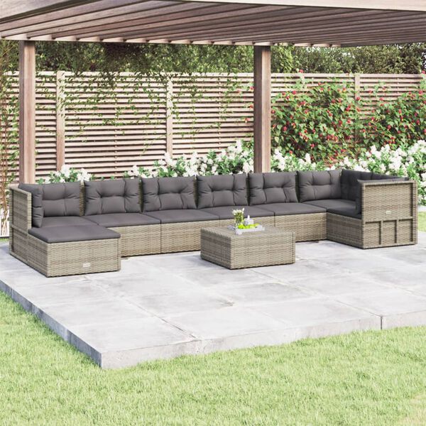 vidaXL Salon de jardin 8 pcs avec coussins Gris R&eacute;sine tress&eacute;e