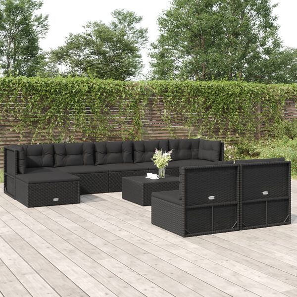 vidaXL Salon de jardin 9 pcs avec coussins Noir R&eacute;sine tress&eacute;e