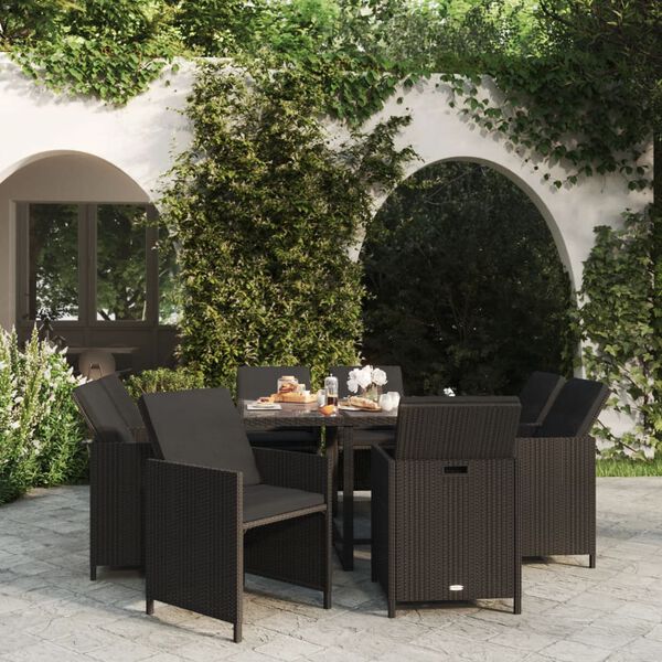 vidaXL Ensemble &agrave; manger de jardin coussins 9pcs R&eacute;sine tress&eacute;e Noir