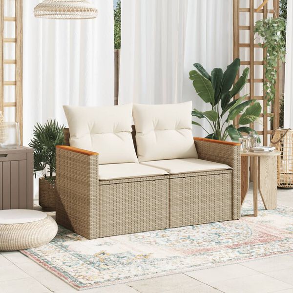 vidaXL Canap&eacute; de jardin avec coussins 2 places beige r&eacute;sine tress&eacute;e