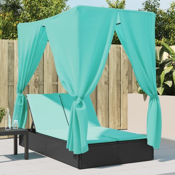 vidaXL Chaise longue double avec toit et rideaux noir r&eacute;sine tress&eacute;e