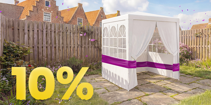 Bannière extérieure présentant un pavillon de jardin blanc avec rideaux transparents et bande accentuée mauve, accompagné d’un grand texte jaune “10 %”. Cliquez pour voir les produits de la collection.