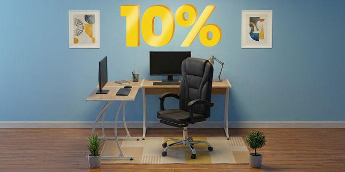 Installation de bureau à domicile avec bureau, chaise et écran, mettant en avant « achetez 2 articles et bénéficiez de 10 % de réduction ». Cliquez pour voir les articles en promotion.