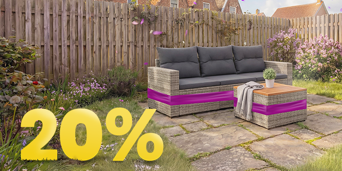 Bannière extérieure montrant un sofa en rotin avec table assortie, accentués d’une bande mauve, et un grand texte jaune “20 %”. Cliquez pour voir les produits de la collection.