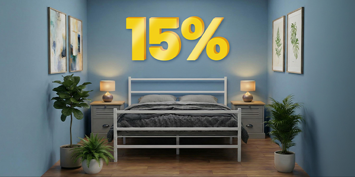 Scène de chambre avec un lit et des tables de chevet, mettant en avant « achetez 2 articles et bénéficiez de 15 % de réduction ». Cliquez pour voir les articles en promotion.