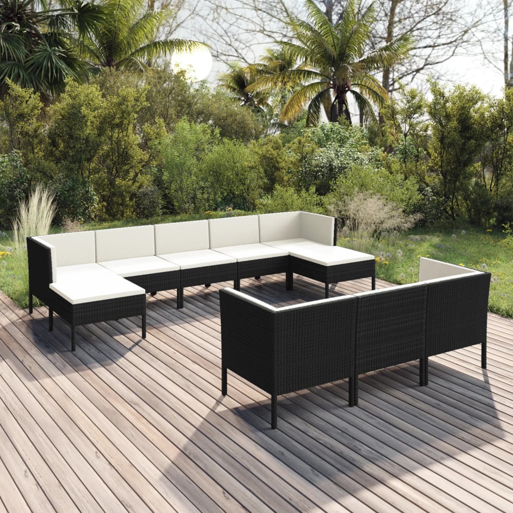 vidaXL Salon de jardin 10 pcs avec coussins Résine tressée Noir