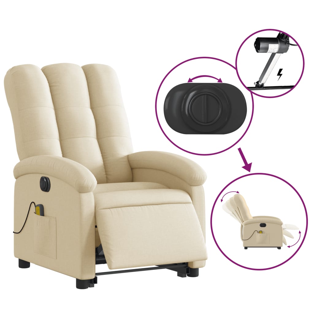 vidaXL Fauteuil inclinable de massage électrique crème tissu