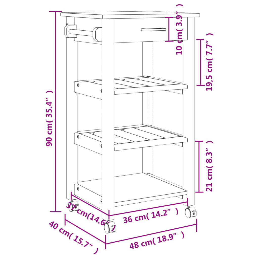 vidaXL Chariot de cuisine MONZA 48x40x90 cm bois massif de pin