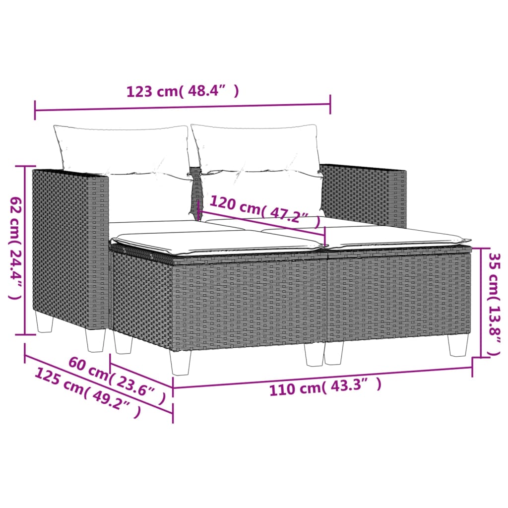 vidaXL Canapé de jardin 2 places avec tabourets gris résine tressée