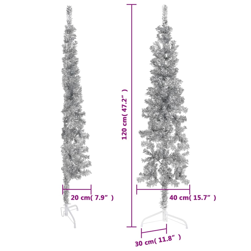 vidaXL Demi sapin de Noël artificiel mince avec support Argenté 120 cm