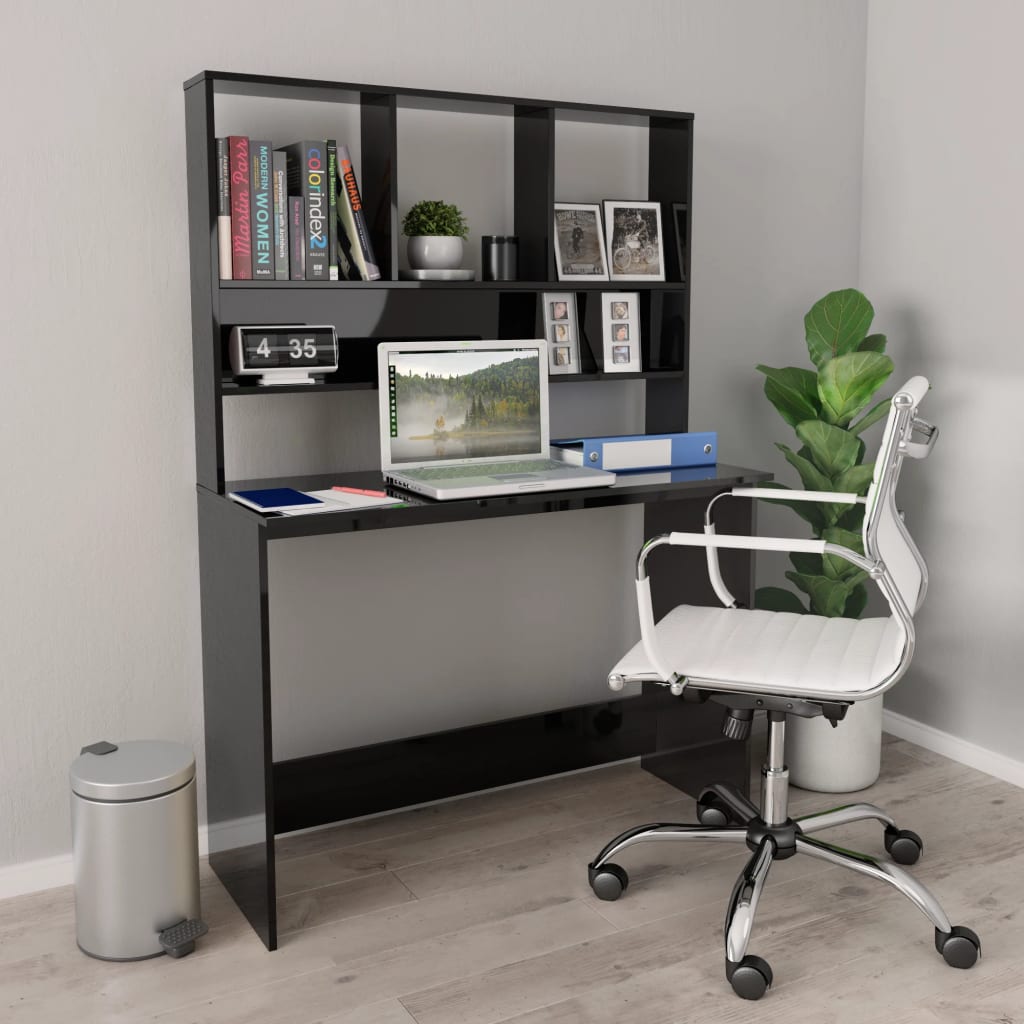 vidaXL Bureau avec étagères Noir brillant 110 x 45 x 157 cm Aggloméré