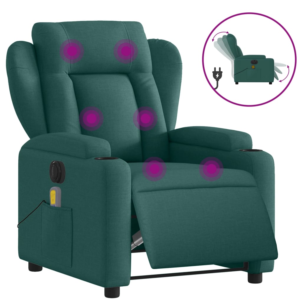 vidaXL Fauteuil inclinable de massage électrique vert foncé tissu