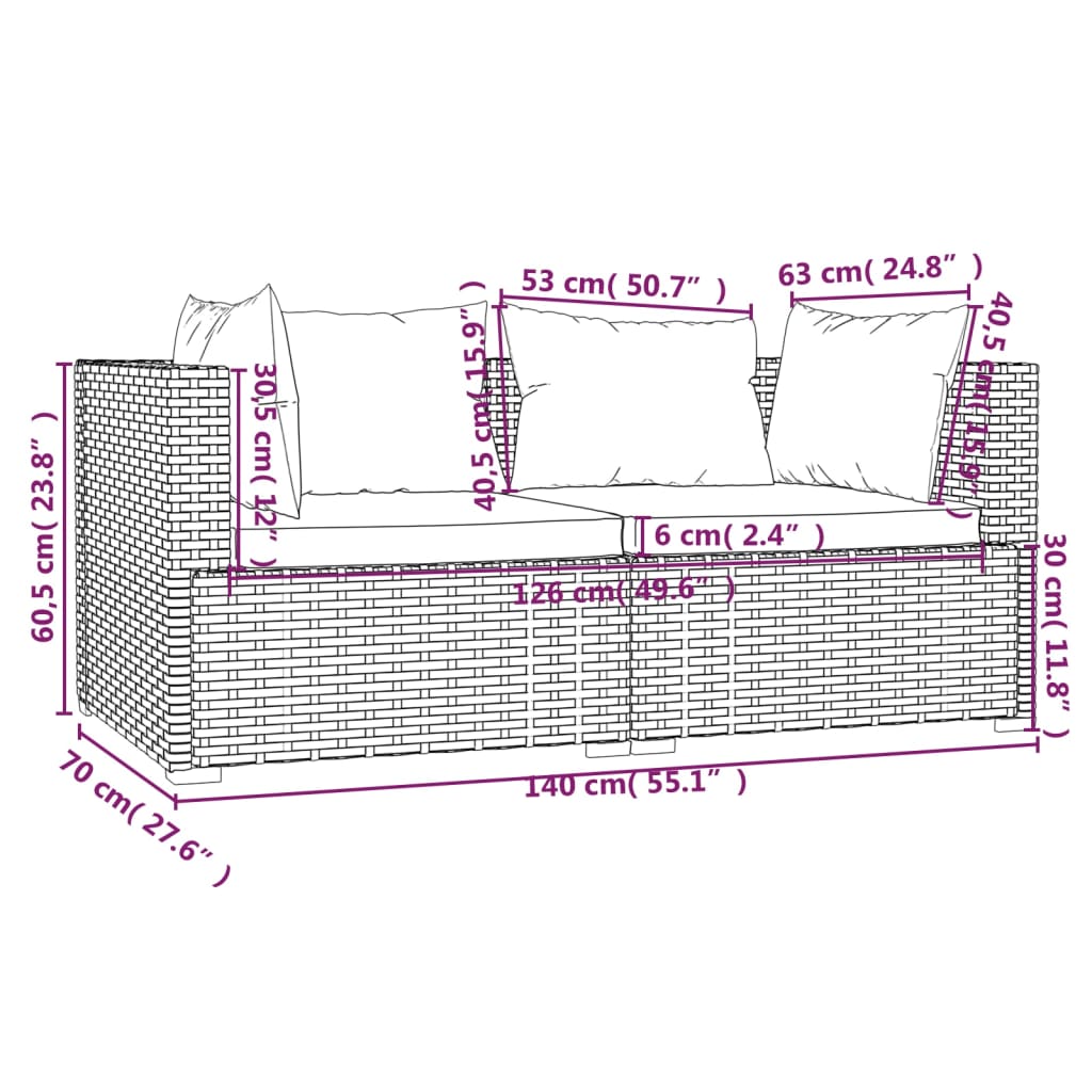 vidaXL Salon de jardin 3 pcs avec coussins marron résine tressée