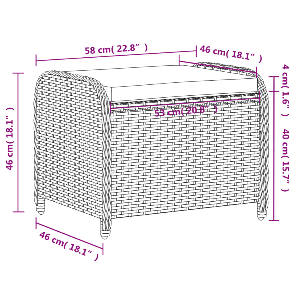 vidaXL Tabouret de jardin avec coussin noir 58x46x46 cm résine tressée