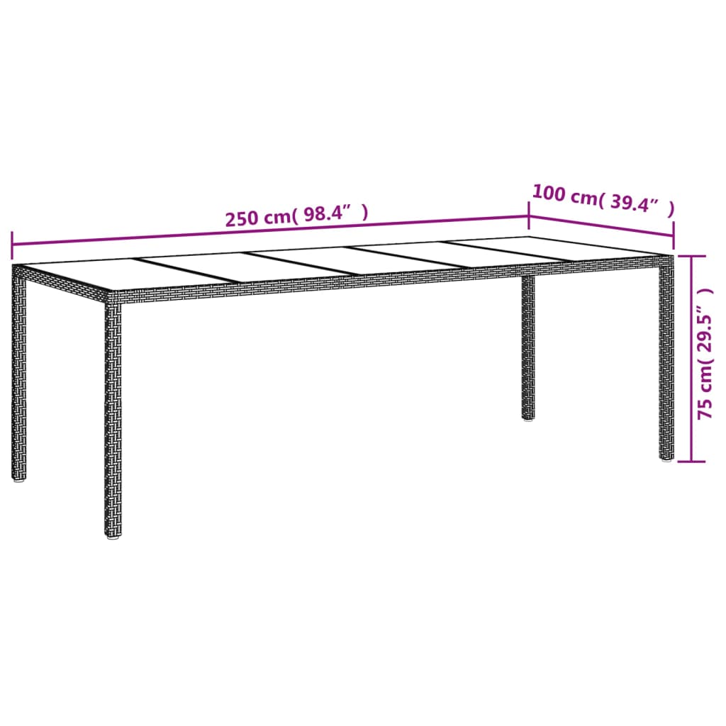 vidaXL Table de jardin Noir 250x100x75 cm Verre trempé et poly rotin