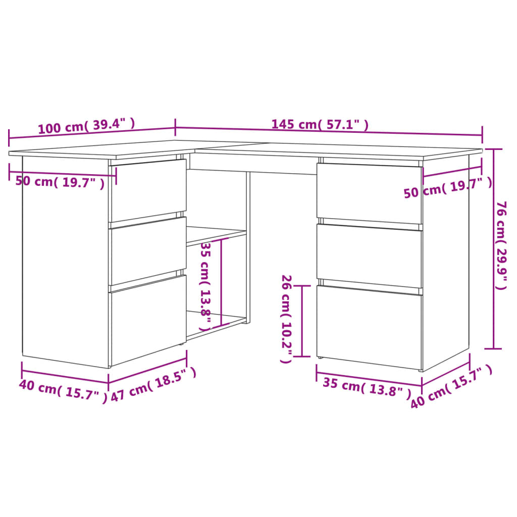 vidaXL Bureau d'angle Blanc brillant 145x100x76 cm Bois d'ingénierie