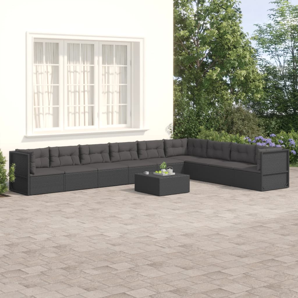 vidaXL Salon de jardin 9 pcs avec coussins Noir Résine tressée