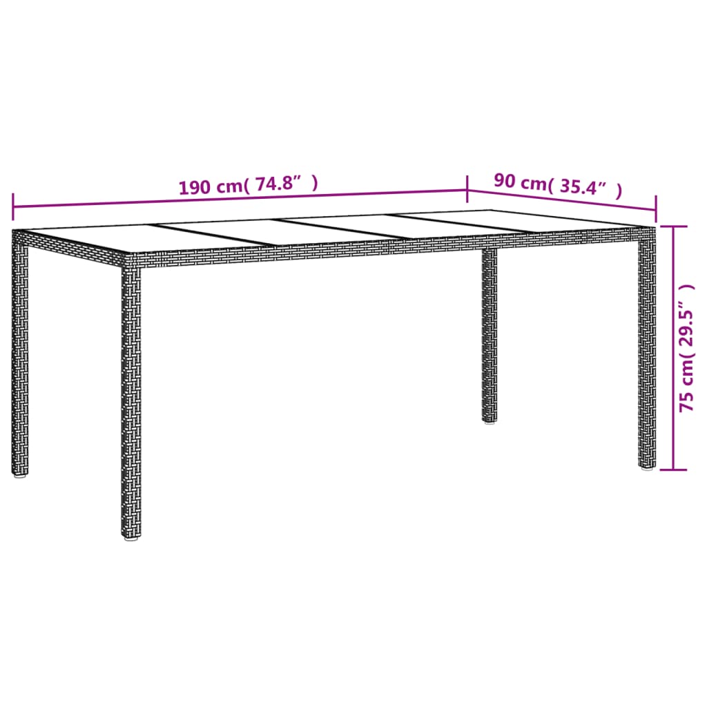 vidaXL Table de jardin Blanc 190x90x75 cm Verre trempé/résine tressée